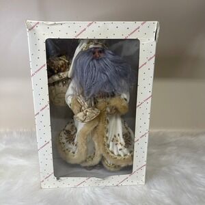 Vintage Dillard's Trimmings 14" Fabric Mache Santa Figurine w/ Box Gold White